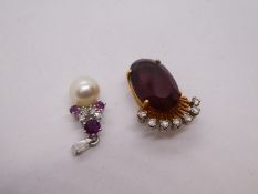 14ct white gold ruby diamond and pearl pendant marked 585, together with a Garnet and diamond yellow