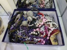 Box of modern costume jewellery including hardstone necklaces, etc and vintage boxed and silver enam