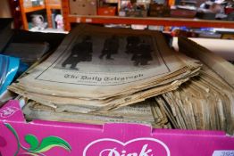 Three cartons of old newspapers, magazines and similar and two clocks