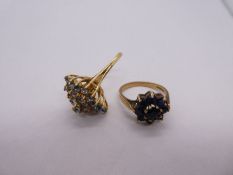 9ct yellow gold Sapphire set cluster ring, size P, and another modern cluster ring set with pale blu