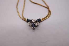 9ct yellow gold necklace with attached Sapphire and diamond triangular panel, marked 375, 4.7g gross