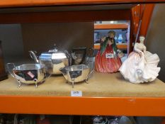 Two Doulton figures, a silver plated three piece tea set and a pair of gravy boats