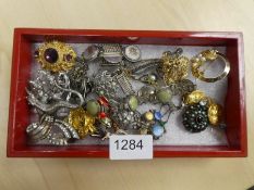 Box of costume jewellery including Chinese silver and Mother of Pearl bracelet, 'Made in Hong Kong S
