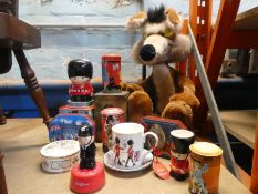 A cuddly toy of Wile E Coyote and small quantity of commemorative style items