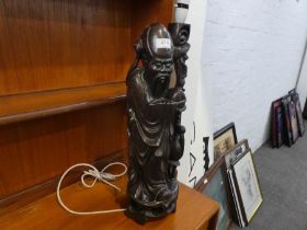 A large carved Chinese figure of Sage converted to table lamp, 55cm