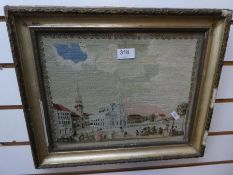 An antique tapestry picture of figures in Continental square and one other embroidery of flowers