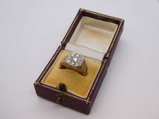 Vintage cased signet ring with square clear stone panel, size L, marked 375, 8.6g, in red tooled lea