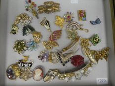 Tray containing various vintage brooches to include, Sarah Coventry gilt back Jade butterfly example