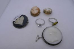 Collection of cameos and two silver rings, one a black jasperware Wedgwood example