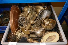 Selection of mostly brassware, including candlestick, companion set, etc
