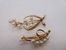 Two 14ct yellow gold pearl set brooches, the largest 6.5cm, both marked 14K, 12.1g gross approx