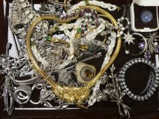 Tray of mixed silver and other costume jewellery to include silver charm bracelet, silver and marcas