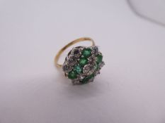 9ct yellow gold cluster ring, with white and green stone cluster, band marked 375, size Q, 3.4g appr