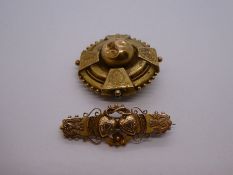 9ct yellow gold brooch with decorative overlay and heart detail, 3.2g approx, and a circular Victori