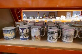 Selection of commemorative china tankards, mostly by Wedgwood depicting various themes incl. Halleys
