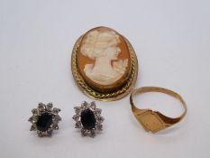 9ct yellow gold mounted oval Cameo brooch, yellow gold ring AF and a pair of earrings