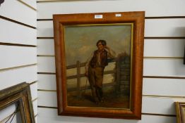 A late 19th century oil on wood of man leaning on fence, unsigned, 33 x 42.5cm