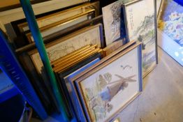 Large selection of framed pictures including maps, oriental screen, silks, bevelled edge mirror