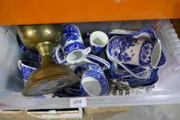 A box of mixed china and glassware including George Jones blue and white and large selection of Roya
