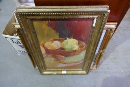 An oil of bowl of fruit initialed J. H and one other picture