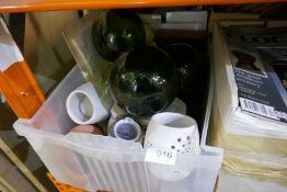 A shelf full of various china, glass, treen, etc, clock, magazines, etc and a silver plate item