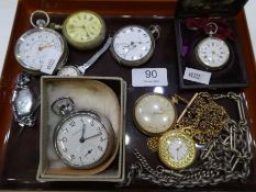 Tray containing various silver and other pocket watches, watch chains, cased Continental ladies pock