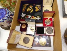 Of military interest; a silver ARP Collar badge, Royal Navy clothes badges, commemorative Nelson med