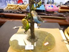 A mid 20th century, table lamp decorated 2 budgerigars on oval onyx base