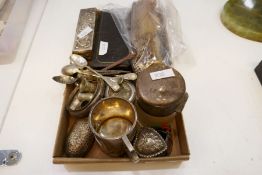 A large quantity of silver and white metal items to include spoons, thimbles, a medal, a trinket box