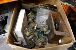 Box of mixed collectables including brass candelabra, games, oak cased mantle clock, etc