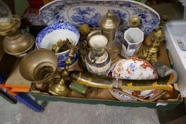 Crate of oriental ceramics and metal ware including bowl on stand, pipe, double dagger in fish sheat