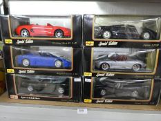 Maisto 1/18 scale boxed vehicles to include Jaguar, Bugatti and Porsche (6)