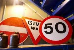 Three de-commissioned full-sized highway signs, No Entry, Give Way and 50mph