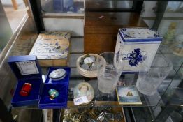 A selection of china, glass, miniatures, tea caddy and a copy of "Peter Duck"