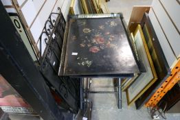 A tableware tray decorated flowers on faux bamboo stand, a wrought iron fire screen and a set of fir