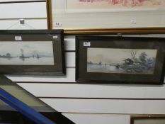 A pair of Chinese watercolours of water landscapes with boats and houses, signed, 39.5 x 14.5cm