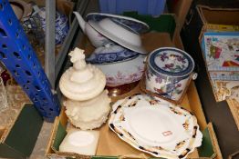 4 Crates of mixed ceramics and glassware incl. Losolware biscuit barrel, silver plated jug, drinking