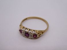 9ct yellow gold ring with rubies and diamonds, marked 375, size R, 1.9g approx