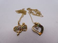 Two 9ct yellow gold neckchains, each hung with a gemstone set heart pendant, both marked, 3g approx