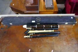 A cue craft snooker cue with extensions and sundry musical instruments