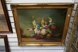 A mid 20th century oil of still life vase of flowers, signed 75 x 62cm