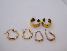 Pair of rose gold diamond inset earrings, pair of yellow gold hoops, 4.2g approx, and gold plated on