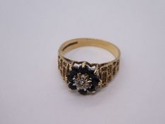 9ct yellow gold sapphire and diamond cluster ring, with textured shoulders, marked 375, 4g approx, s