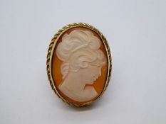 9ct yellow gold ring inset with large oval shell Cameo in 9ct mount, size M, 8.8g approx, marked 375