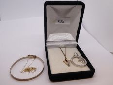 Silver bangle, pendant, fine 9ct neckchain, AF, etc
