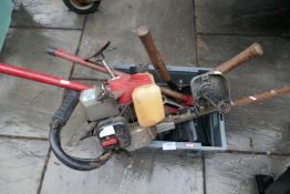 Box of hand tools, including shears, pipe bender, etc