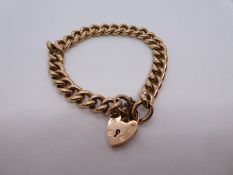 9ct rose gold curb link bracelet, with heart shaped padlock clasp, marked 375, with safety chain, 12