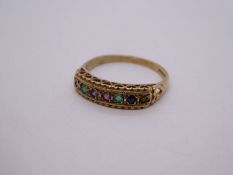 9ct yellow gold band ring inset with multi coloured gem stones, marked 375, 1.4g approx, size M