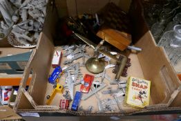 box of vintage aeroplane models, other die cast vehicles, chess set, brass aeroplanes, and a box of