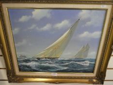 Peter Cosslett ; a late 20th century oil of 'J Class Yacht Britannia', off the Needles '92. Size 50